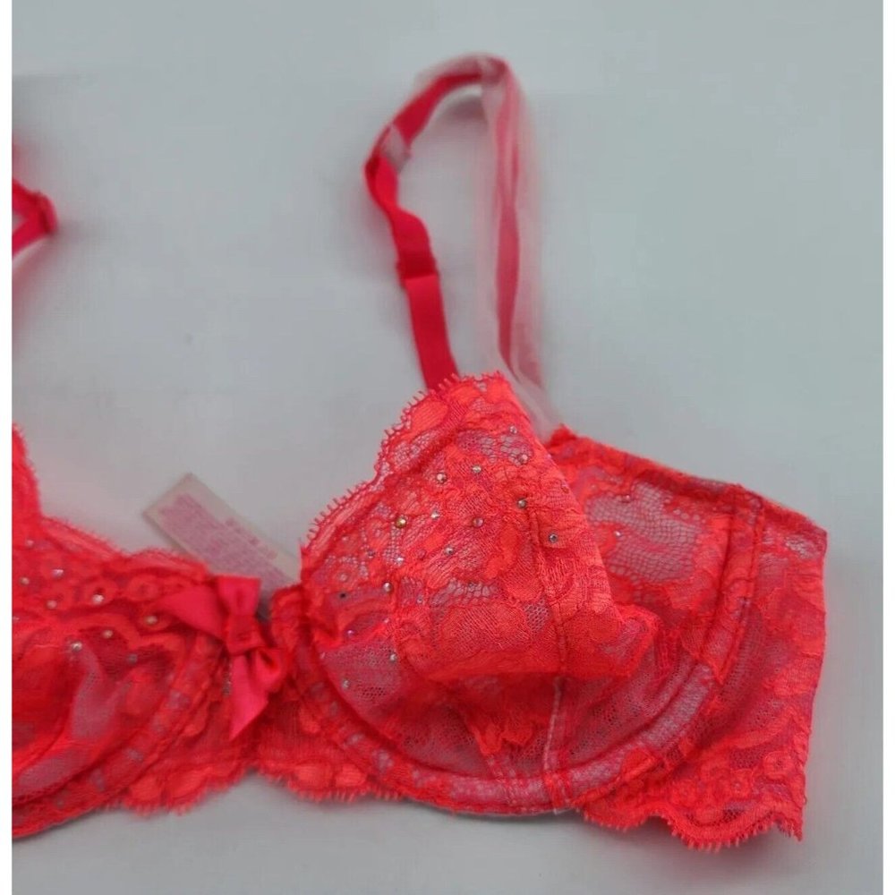 Victoria’s Secret Very Sexy Unlined Demi Neon Pink Sheer Lace Bra Size 32B - Picture 2 of 9